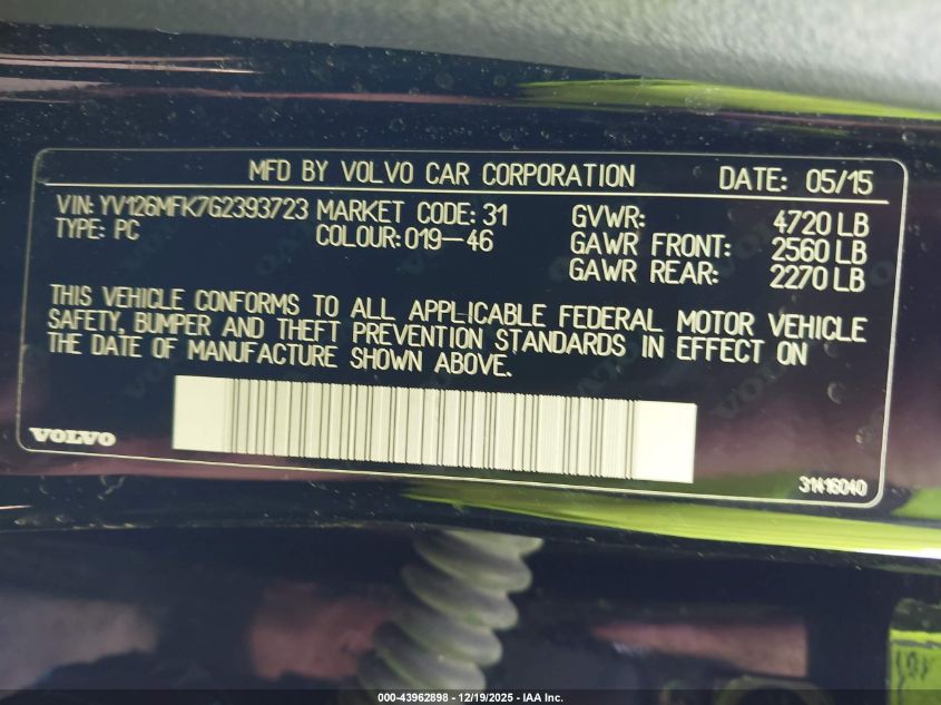 2016 Volvo S60 T5 Drive-E Premier VIN: YV126MFK7G2393723 Lot: 43962898