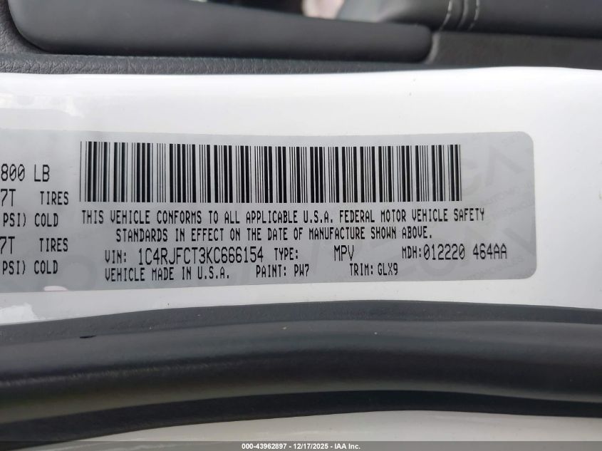 2019 Jeep Grand Cherokee Overland 4X4 VIN: 1C4RJFCT3KC666154 Lot: 43962897