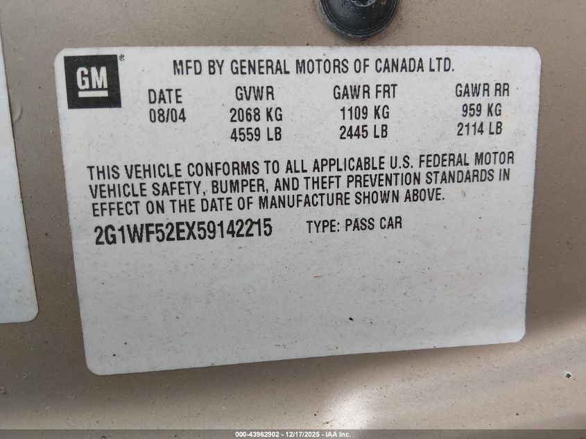 2005 Chevrolet Impala VIN: 2G1WF52EX59142215 Lot: 43962902