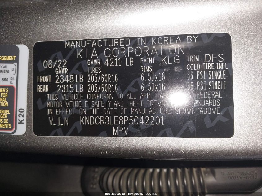 2023 Kia Niro Ex VIN: KNDCR3LE8P5042201 Lot: 43962903