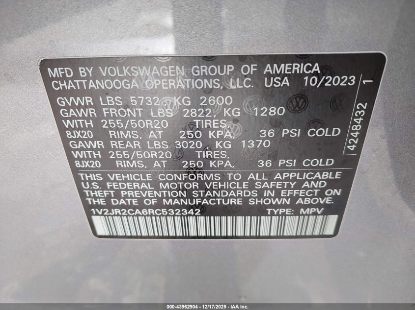 2024 Volkswagen Atlas 2.0T Se W/Technology VIN: 1V2JR2CA6RC532342 Lot: 43962904