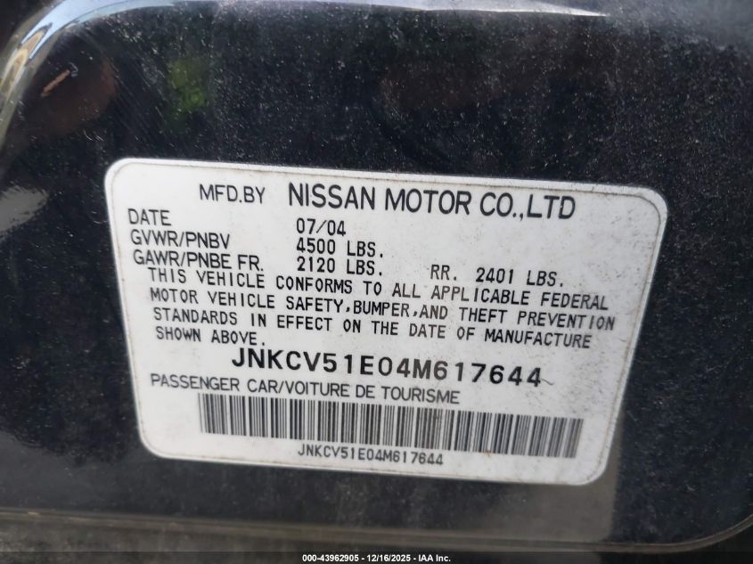 2004 Infiniti G35 VIN: JNKCV51E04M617644 Lot: 43962905