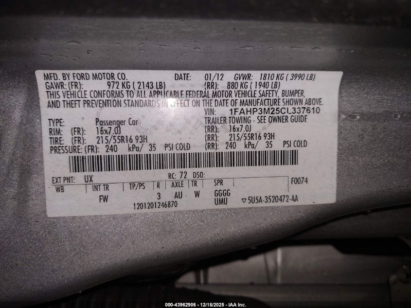 2012 Ford Focus Sel VIN: 1FAHP3M25CL337610 Lot: 43962906