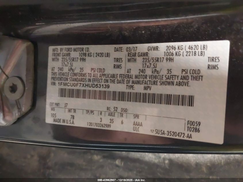 2017 Ford Escape S VIN: 1FMCU0F7XHUD53139 Lot: 43962907