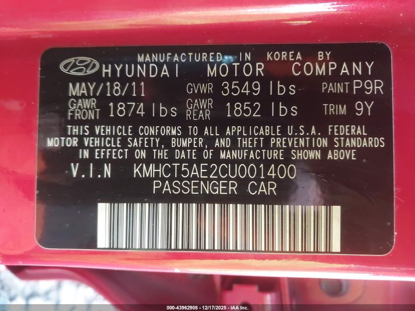 2012 Hyundai Accent Gs VIN: KMHCT5AE2CU001400 Lot: 43962908