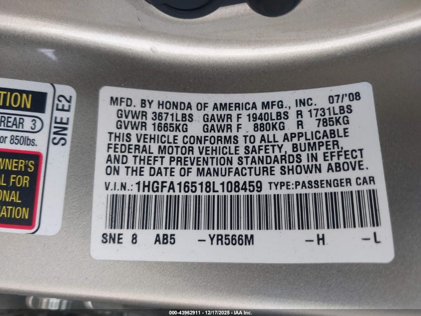 2008 Honda Civic Lx VIN: 1HGFA16518L108459 Lot: 43962911
