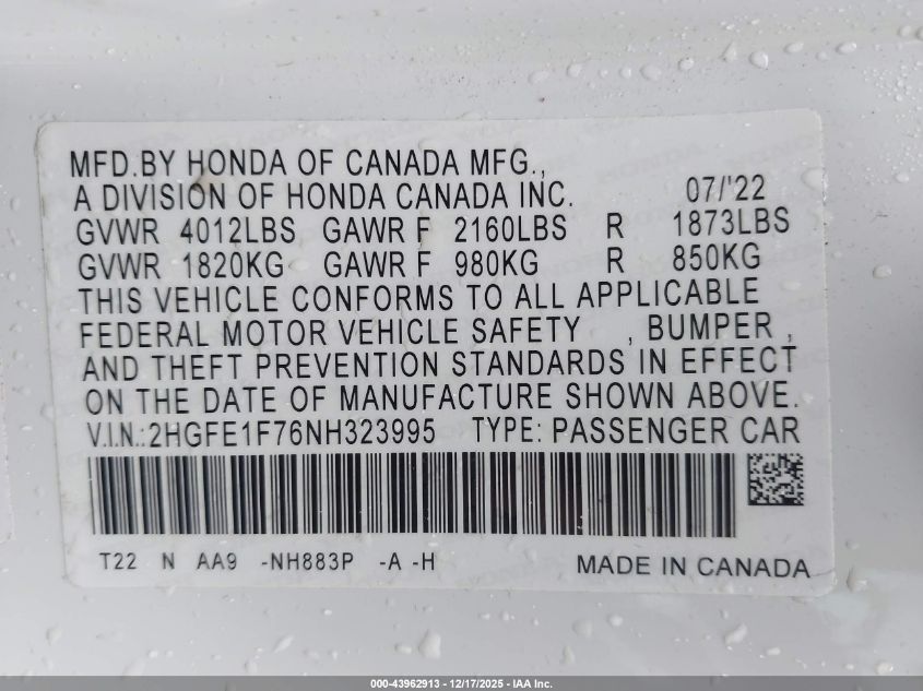2022 Honda Civic Ex VIN: 2HGFE1F76NH323995 Lot: 43962913