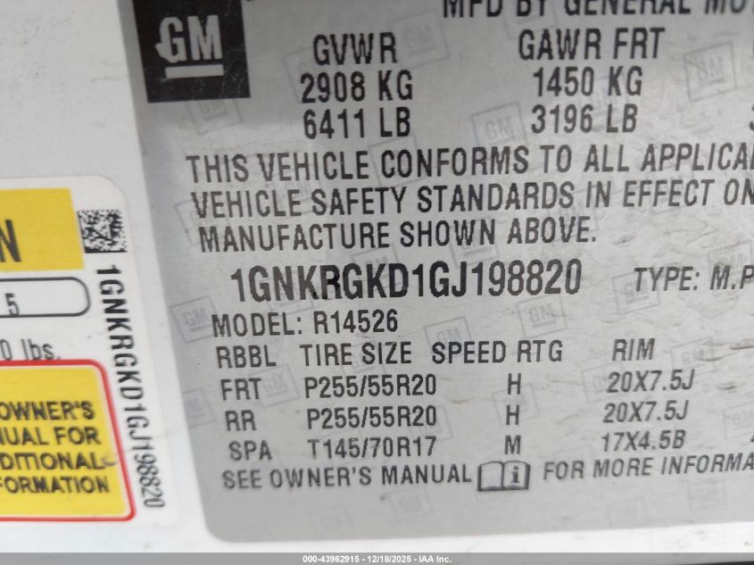 2016 Chevrolet Traverse 1Lt VIN: 1GNKRGKD1GJ198820 Lot: 43962915