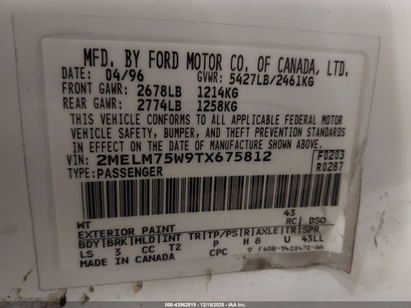 1996 Mercury Grand Marquis Ls/Bayshore VIN: 2MELM75W9TX675812 Lot: 43962919