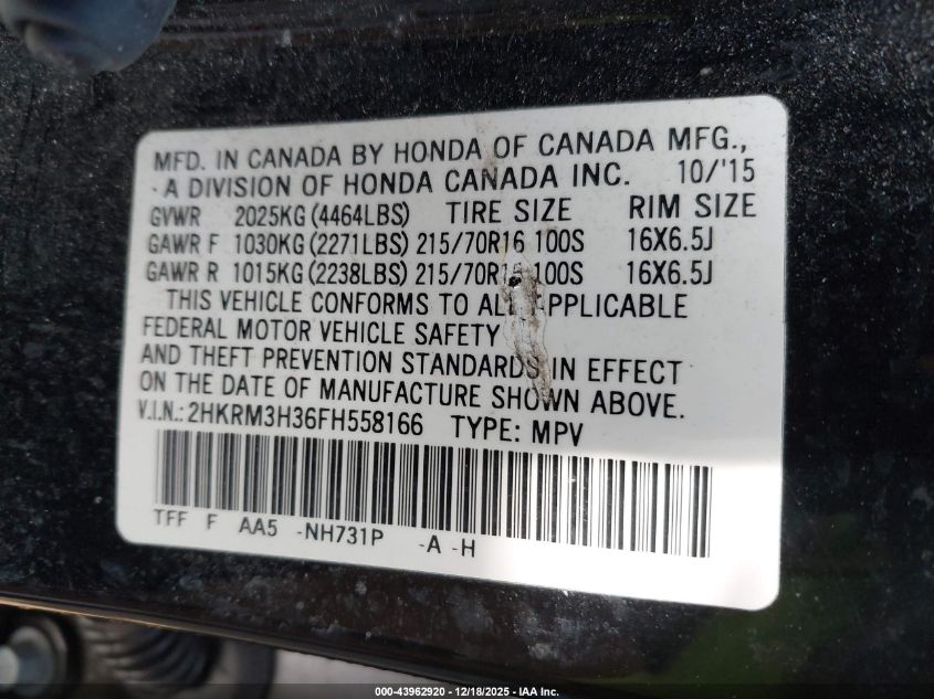 2015 Honda Cr-V Lx VIN: 2HKRM3H36FH558166 Lot: 43962920