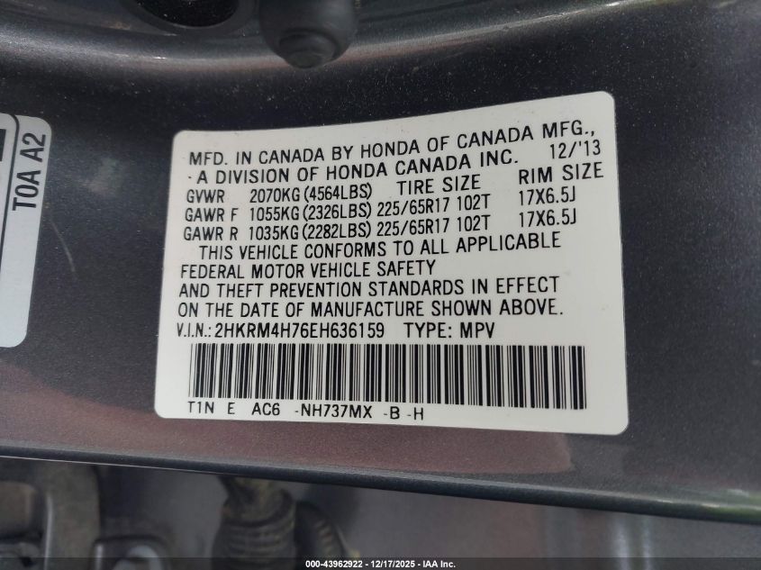 2014 Honda Cr-V Ex-L VIN: 2HKRM4H76EH636159 Lot: 43962922