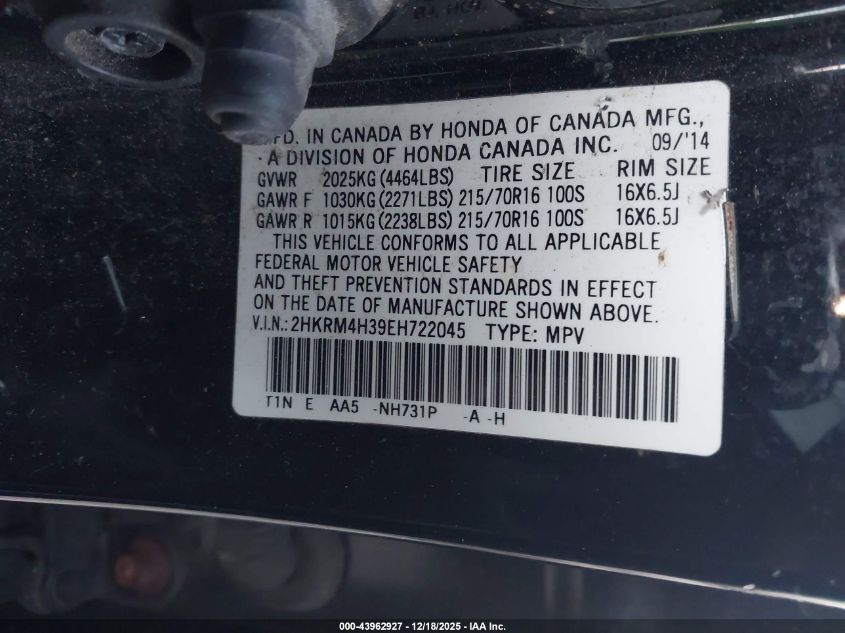2014 Honda Cr-V Lx VIN: 2HKRM4H39EH722045 Lot: 43962927