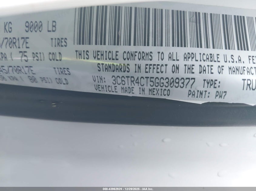 2016 Ram 2500 Tradesman VIN: 3C6TR4CT5GG309377 Lot: 43962929