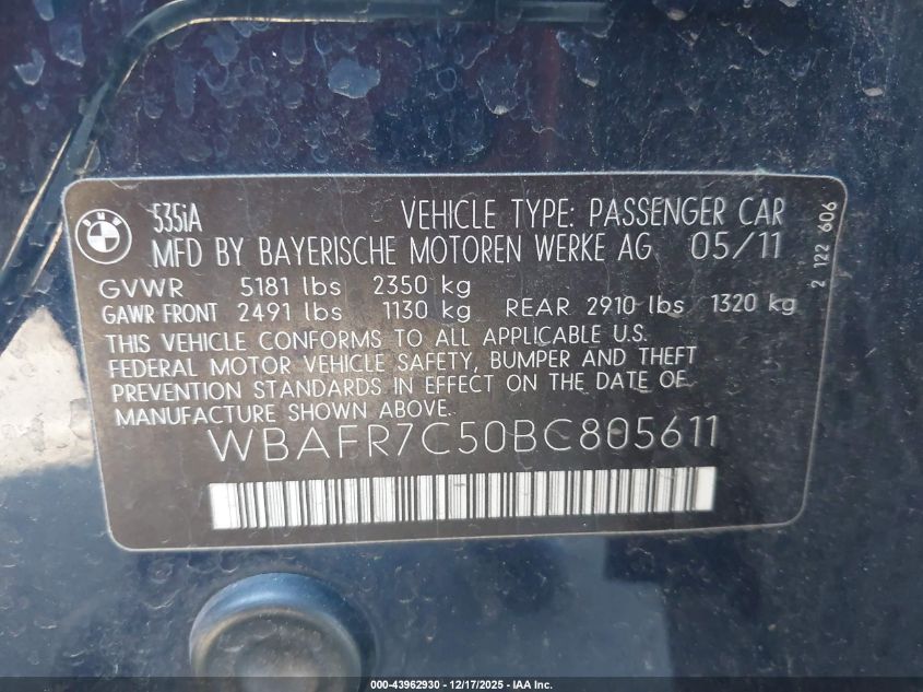 2011 BMW 535I VIN: WBAFR7C50BC805611 Lot: 43962930