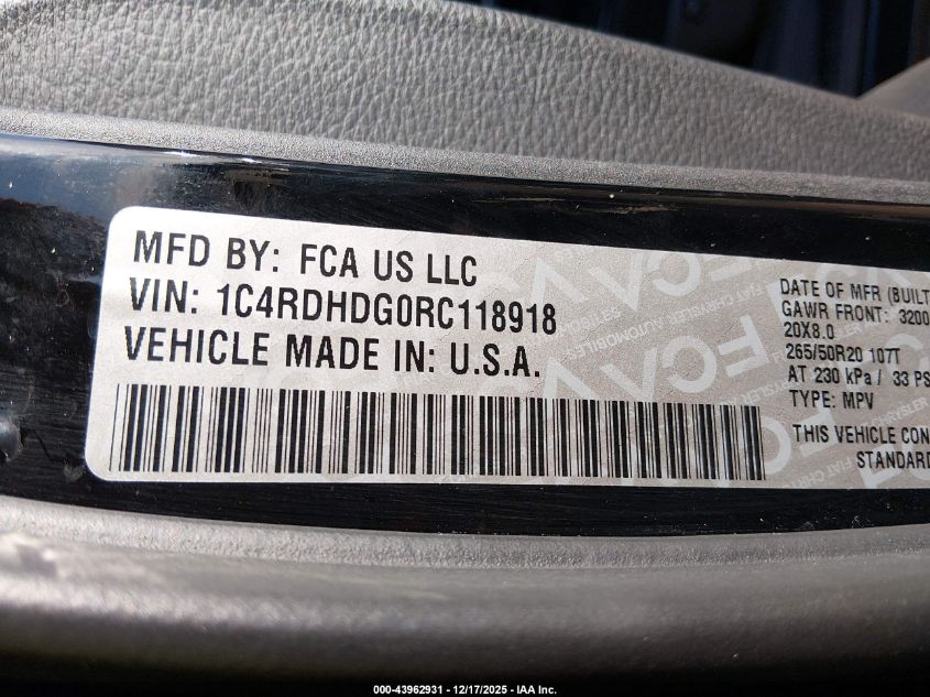 2024 Dodge Durango Gt Plus Rwd VIN: 1C4RDHDG0RC118918 Lot: 43962931