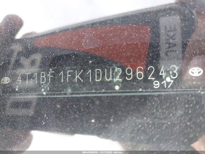 2013 Toyota Camry Se VIN: 4T1BF1FK1DU296243 Lot: 43962935