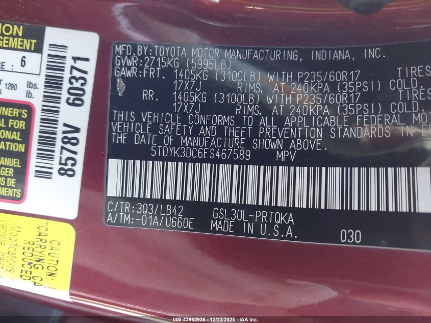 2014 Toyota Sienna Xle V6 8 Passenger VIN: 5TDYK3DC6ES467589 Lot: 43962936