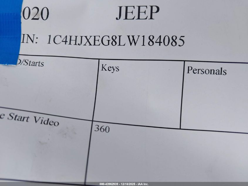 2020 Jeep Wrangler Unlimited Sahara 4X4 VIN: 1C4HJXEG8LW184085 Lot: 43962939