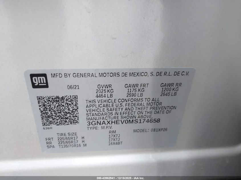 2021 Chevrolet Equinox Fwd Ls VIN: 3GNAXHEV0MS174658 Lot: 43962941