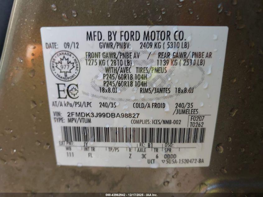 2013 Ford Edge Sel VIN: 2FMDK3J99DBA98827 Lot: 43962942