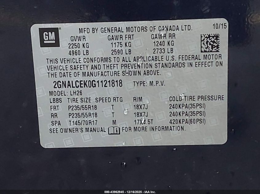 2016 Chevrolet Equinox Lt VIN: 2GNALCEK0G1121818 Lot: 43962945