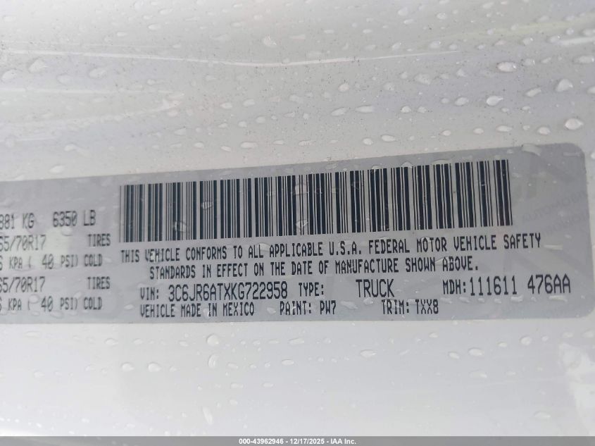 2019 Ram 1500 Classic Tradesman 4X2 6'4 Box VIN: 3C6JR6ATXKG722958 Lot: 43962946