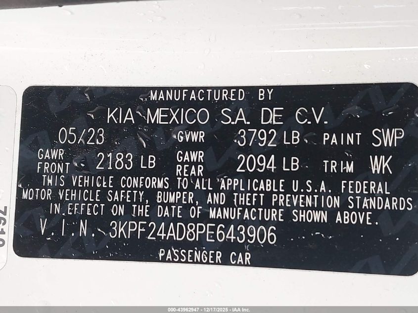2023 Kia Forte Lxs VIN: 3KPF24AD8PE643906 Lot: 43962947