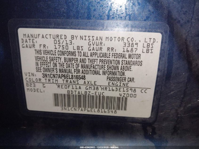 2014 Nissan Versa 1.6 Sv VIN: 3N1CN7AP6EL816548 Lot: 43962953