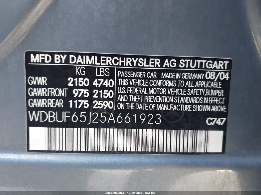 2005 Mercedes-Benz E 320 VIN: WDBUF65J25A661923 Lot: 43962954