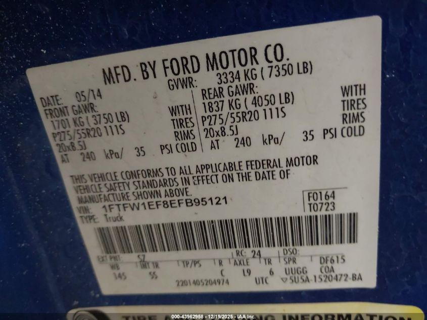 2014 Ford F-150 Stx VIN: 1FTFW1EF8EFB95121 Lot: 43962958