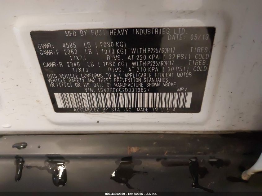 2013 Subaru Outback 2.5I Limited VIN: 4S4BRCKC2D3319827 Lot: 43962959