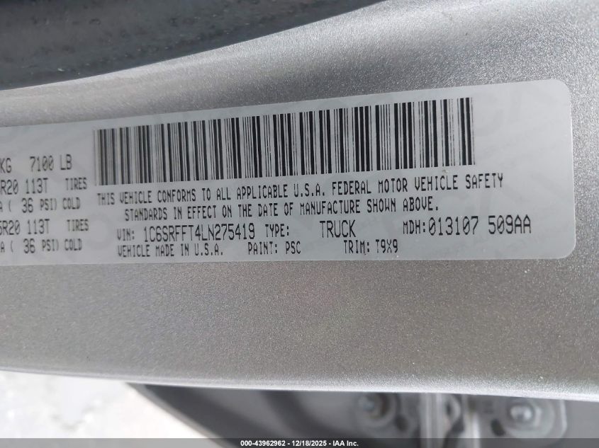 2020 Ram 1500 Big Horn 4X4 5'7 Box VIN: 1C6SRFFT4LN275419 Lot: 43962962