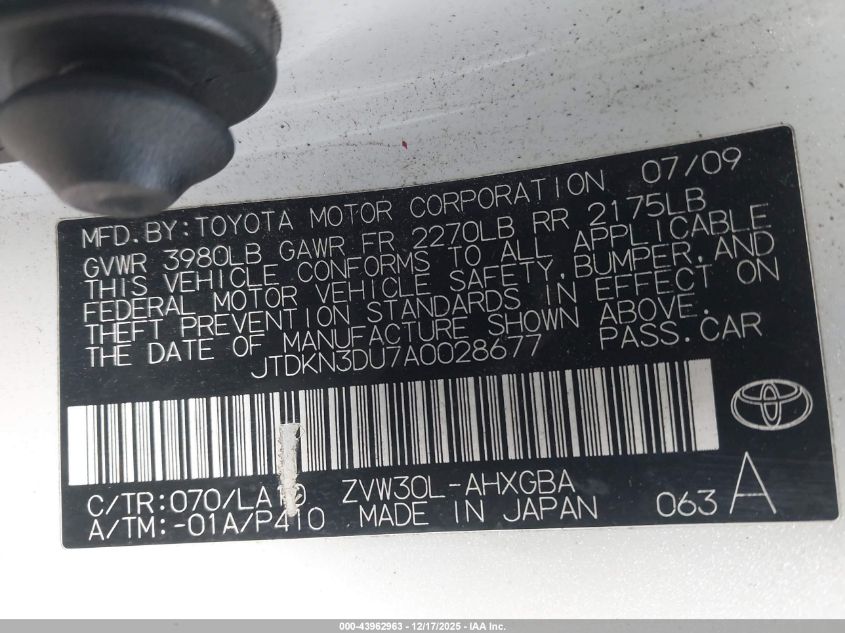 2010 Toyota Prius Iv VIN: JTDKN3DU7A0028677 Lot: 43962963