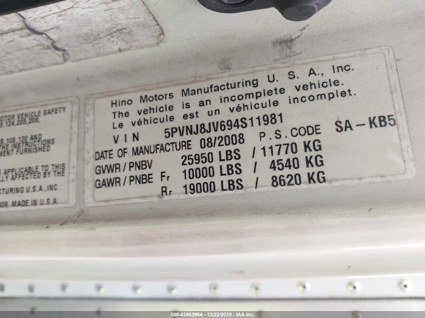 2009 Hino 258/268 VIN: 5PVNJ8JV694S11981 Lot: 43962964
