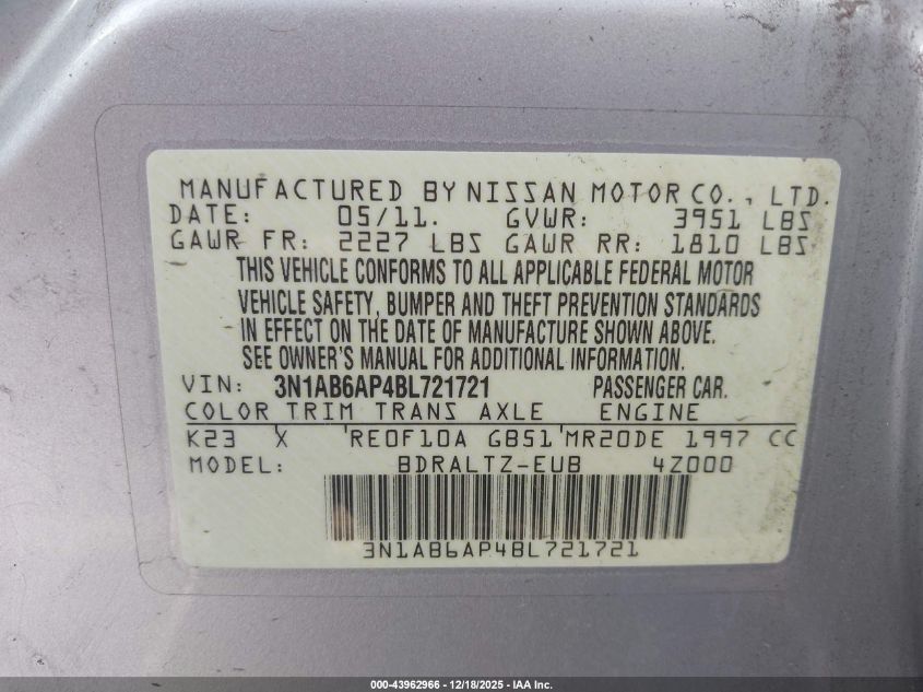 2011 Nissan Sentra 2.0S VIN: 3N1AB6AP4BL721721 Lot: 43962966