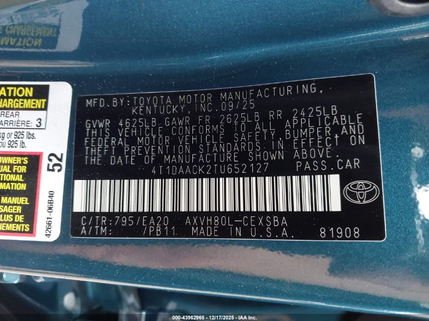 2026 Toyota Camry Se VIN: 4T1DAACK2TU652127 Lot: 43962968