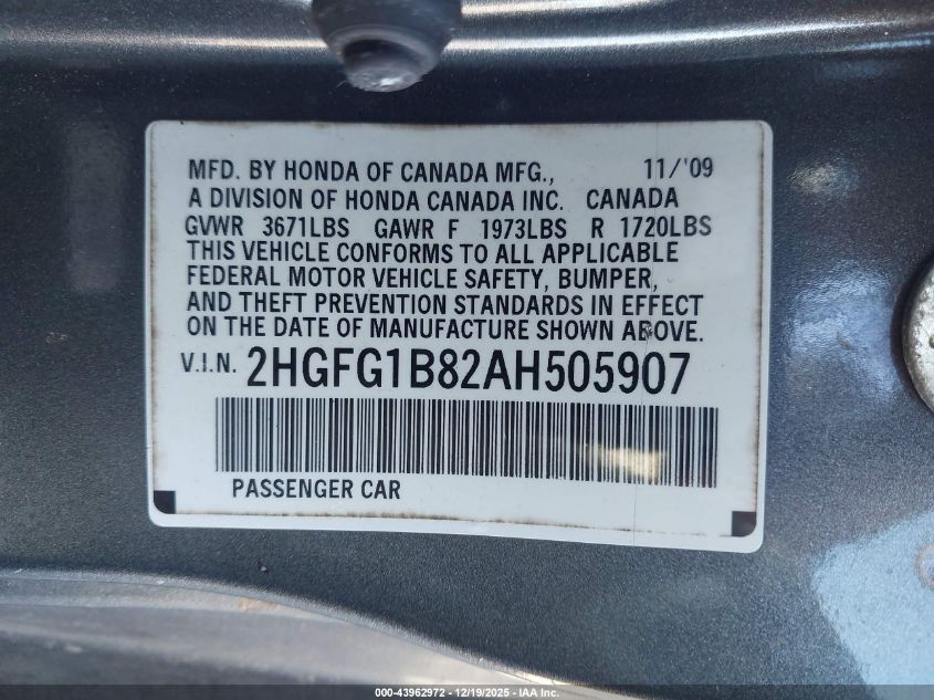2010 Honda Civic Ex VIN: 2HGFG1B82AH505907 Lot: 43962972
