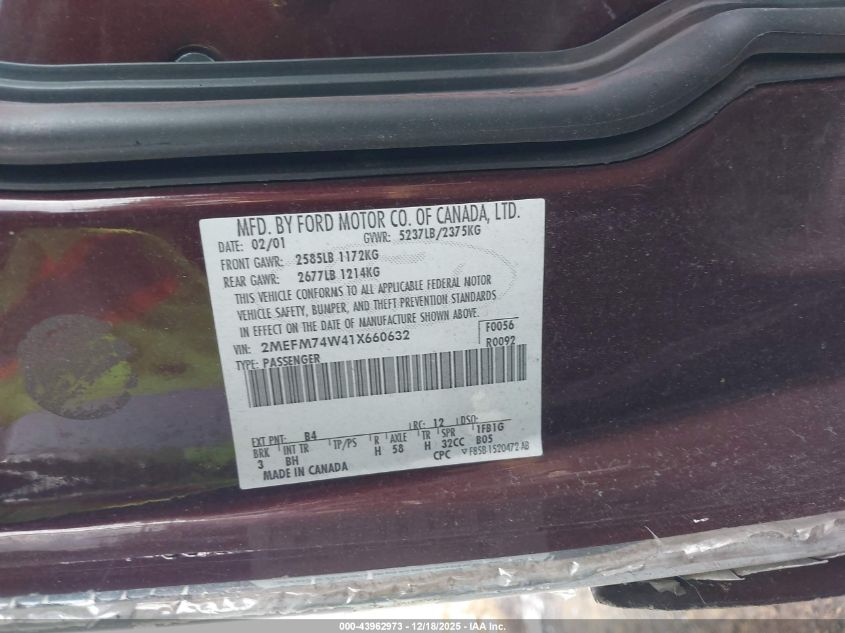 2001 Mercury Grand Marquis Gs VIN: 2MEFM74W41X660632 Lot: 43962973