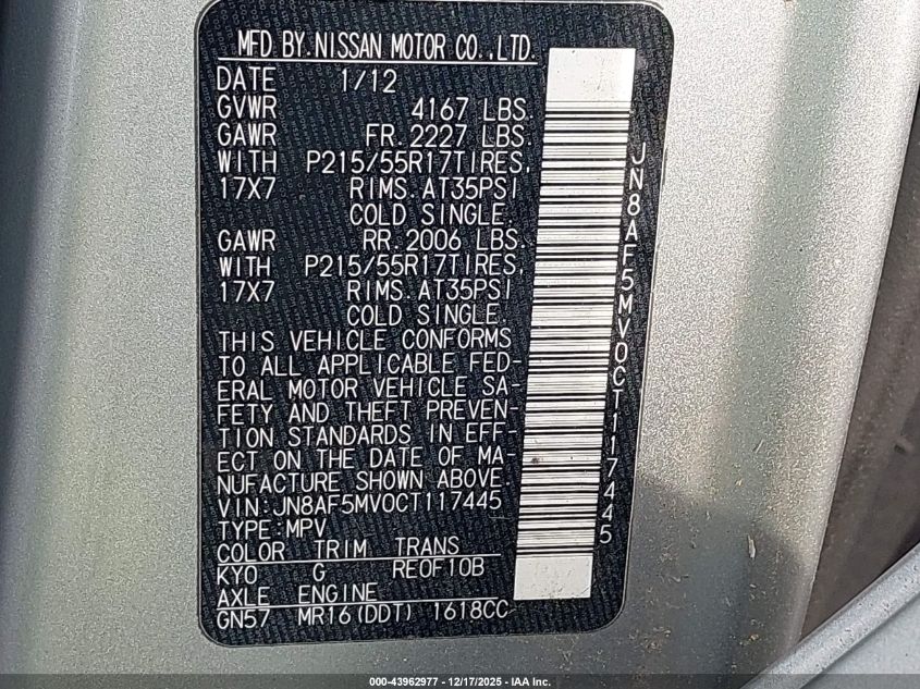 2012 Nissan Juke Sv VIN: JN8AF5MV0CT117445 Lot: 43962977