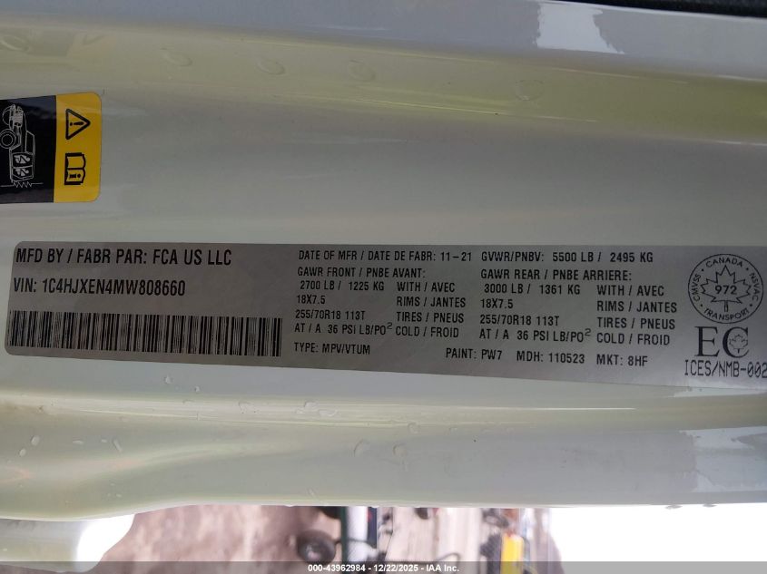 2021 Jeep Wrangler Unlimited Sahara VIN: 1C4HJXEN4MW808660 Lot: 43962984