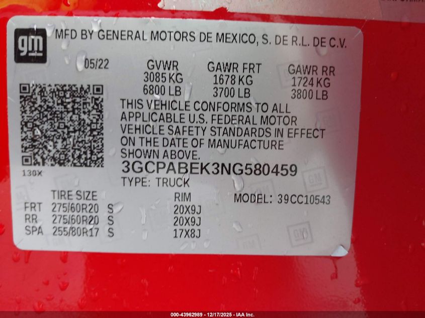 2022 Chevrolet Silverado 1500 2Wd Short Bed Custom VIN: 3GCPABEK3NG580459 Lot: 43962989