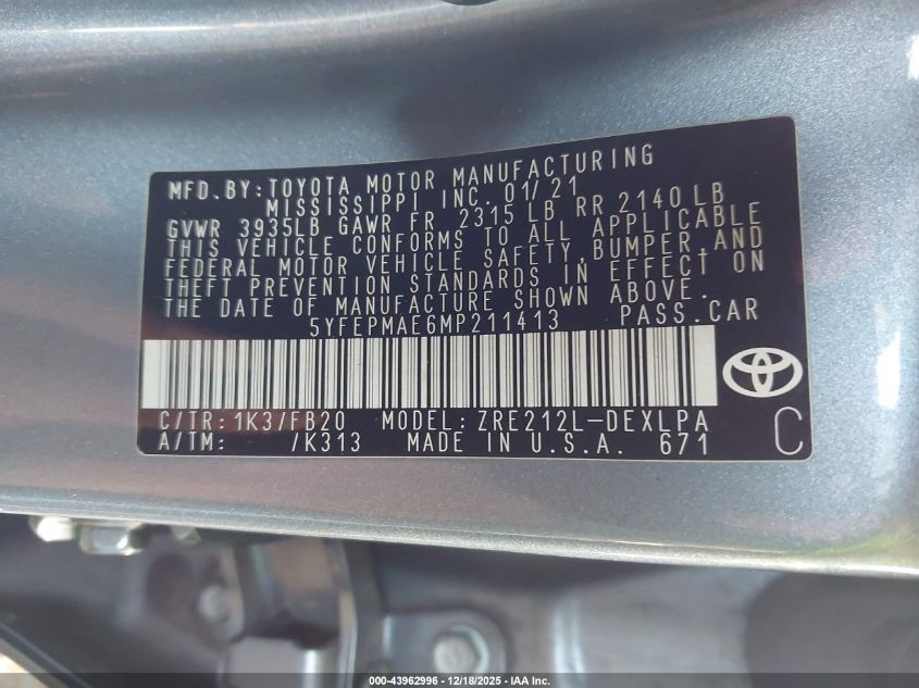 2021 Toyota Corolla Le VIN: 5YFEPMAE6MP211413 Lot: 43962996