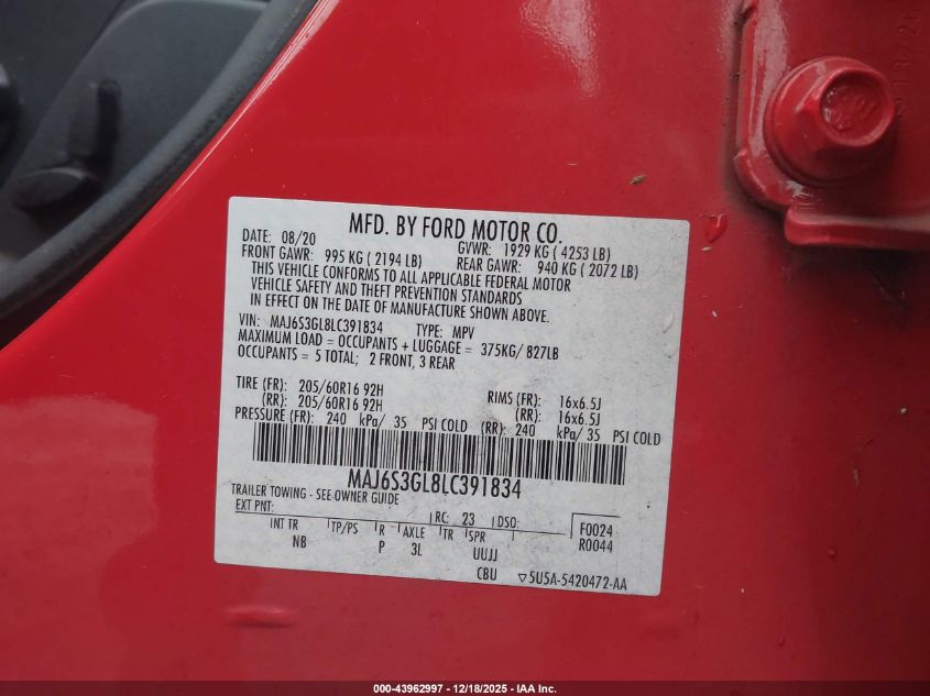 2020 Ford Ecosport Se VIN: MAJ6S3GL8LC391834 Lot: 43962997