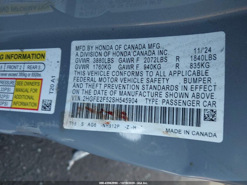 2025 Honda Civic Sport VIN: 2HGFE2F52SH545904 Lot: 43962998