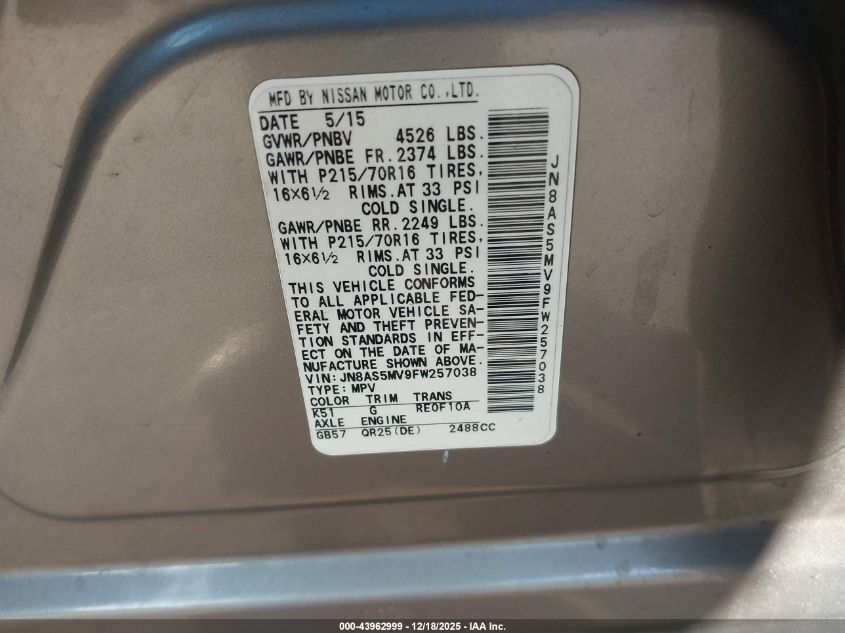 2015 Nissan Rogue Select S VIN: JN8AS5MV9FW257038 Lot: 43962999