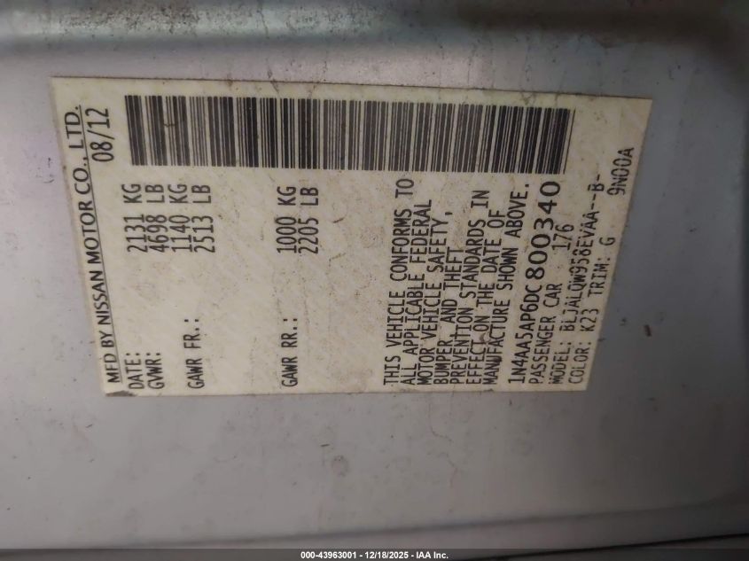 2013 Nissan Maxima 3.5 S VIN: 1N4AA5AP6DC800340 Lot: 43963001