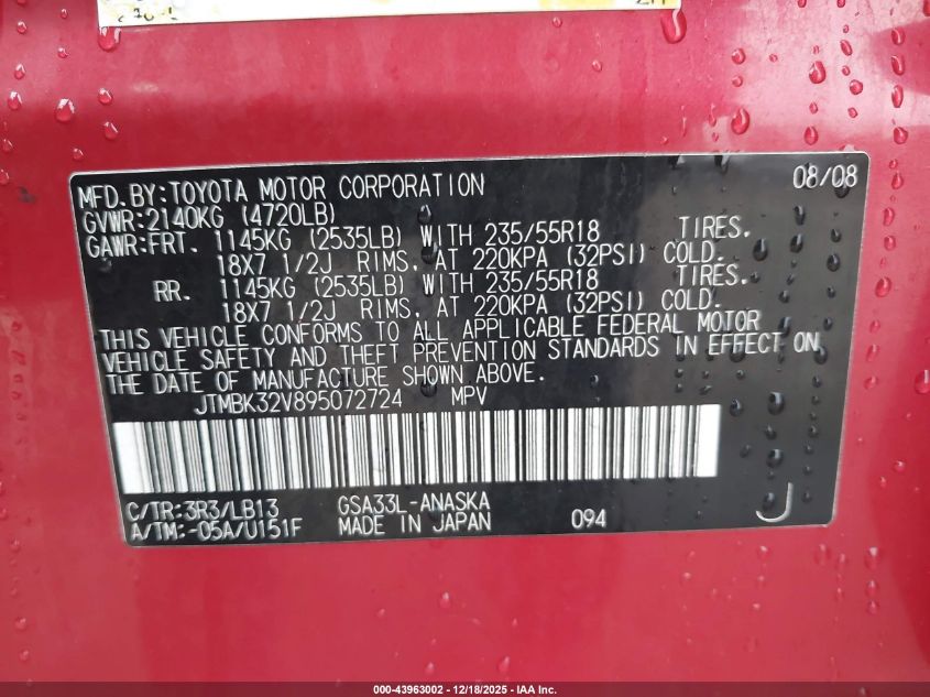 2009 Toyota Rav4 Sport V6 VIN: JTMBK32V895072724 Lot: 43963002