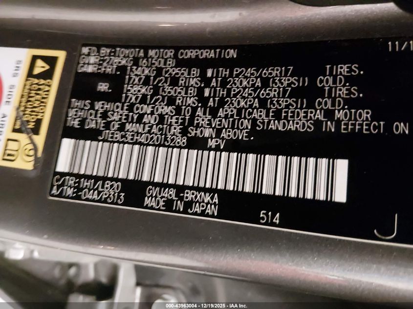 2013 Toyota Highlander Hybrid Base V6 VIN: JTEBC3EH4D2013288 Lot: 43963004