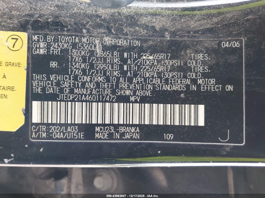 2006 Toyota Highlander Limited V6 VIN: JTEDP21A460117472 Lot: 43963007