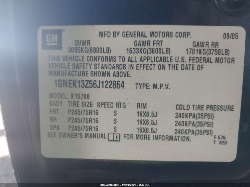 2006 Chevrolet Tahoe Commercial Fleet VIN: 1GNEK13Z56J122864 Lot: 43963008